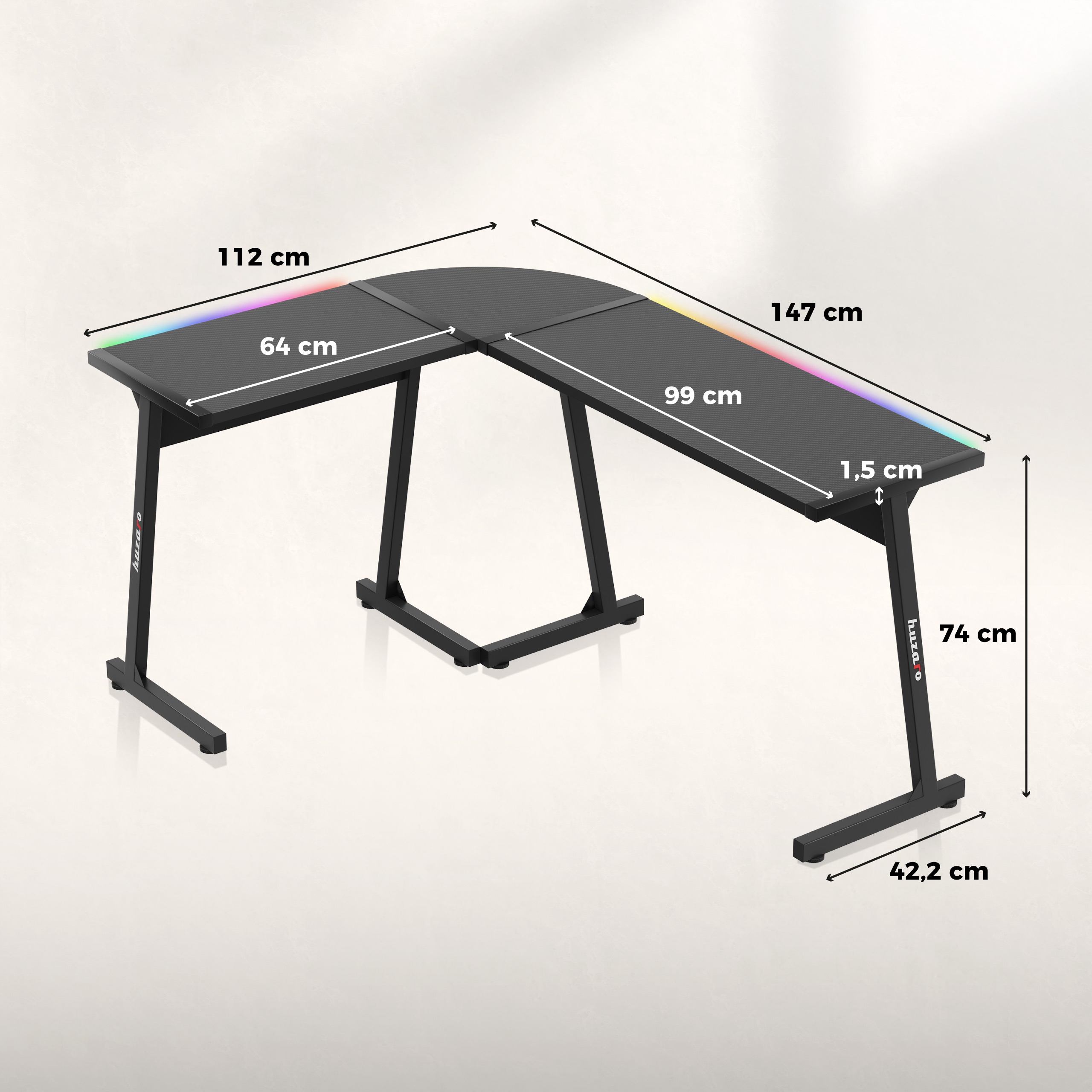 Biurko gamingowe narożne HUZARO czarne komputerowe RGB LED Bluetooth Marka Huzaro