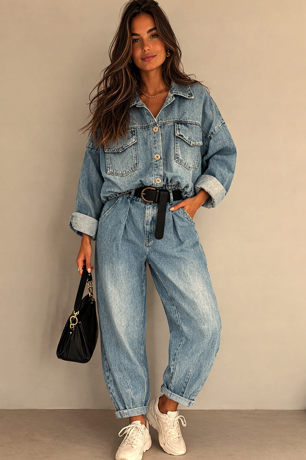 komplet jeansowy damski włoski Nest bluza spodnie oversize