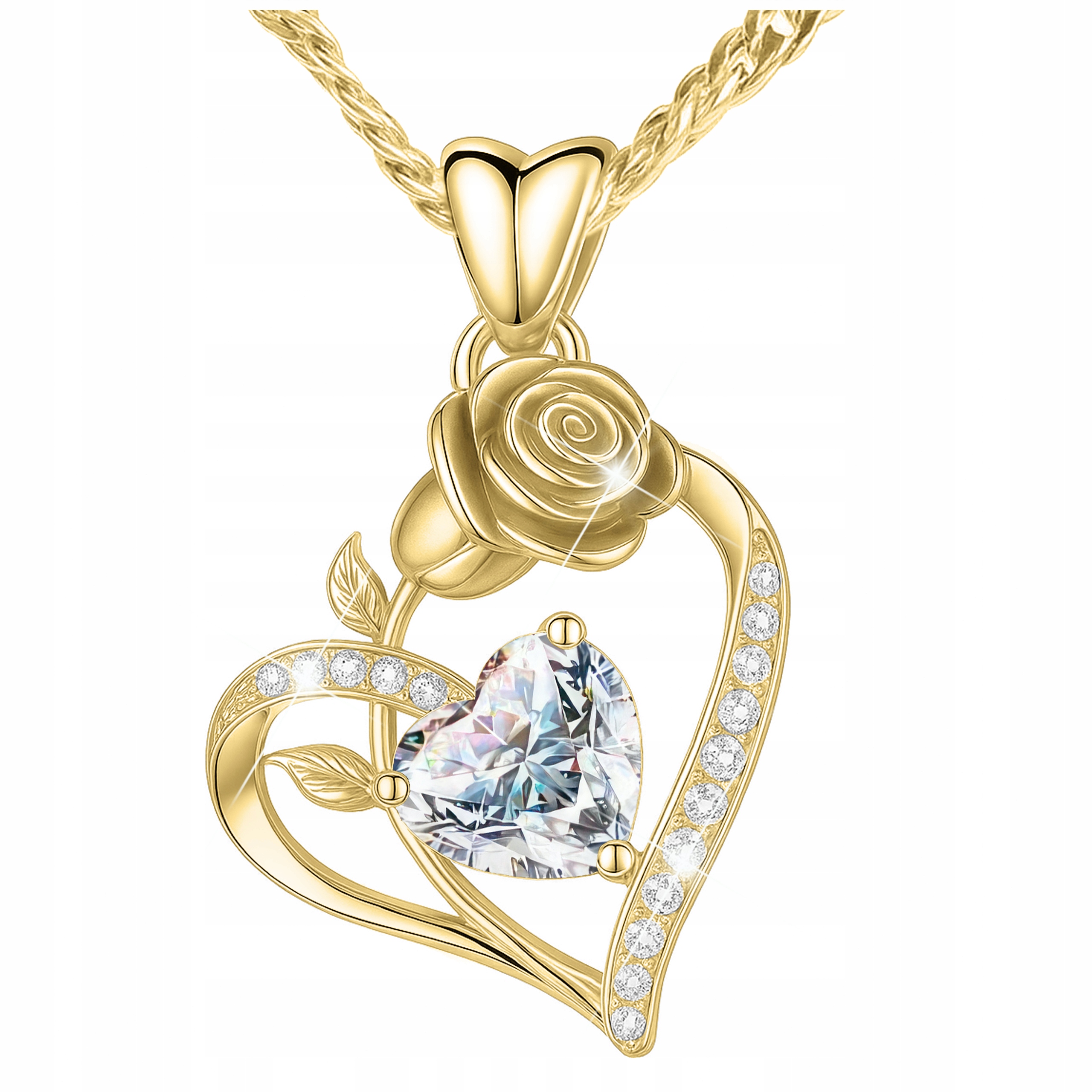 Zlatý náhrdelník Srdce s růží Bílým Křišťálovým Srdíčkem Stříbro 925