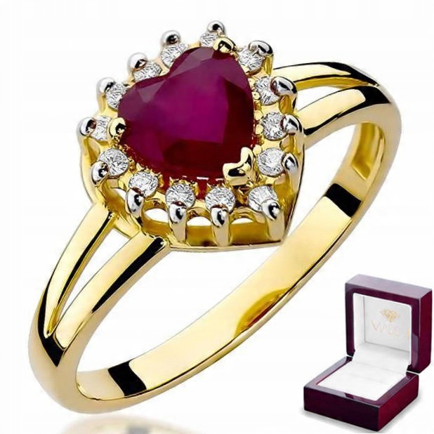 

Złoty pierścionek 585 Serce brylanty rubin 1,10 ct