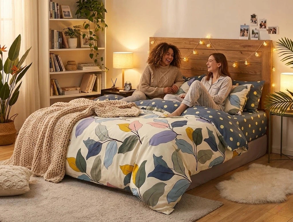 3dílná sada povlečení na peřinu s listovým vzorem, 100% bavlna, do ložnice 160×200 cm