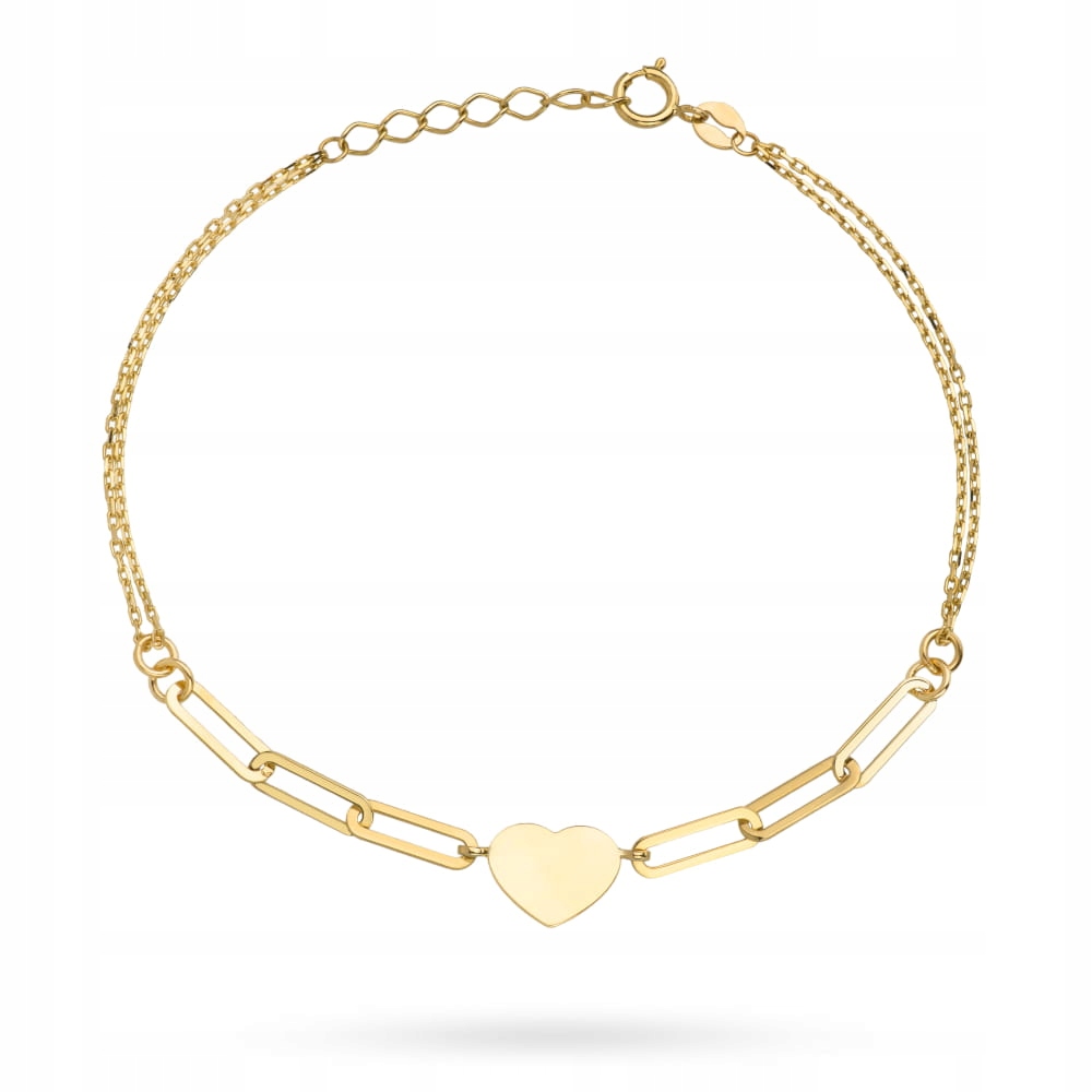 Zlatý náramek 585 srdce a články na dvojitém řetízku, moderní design