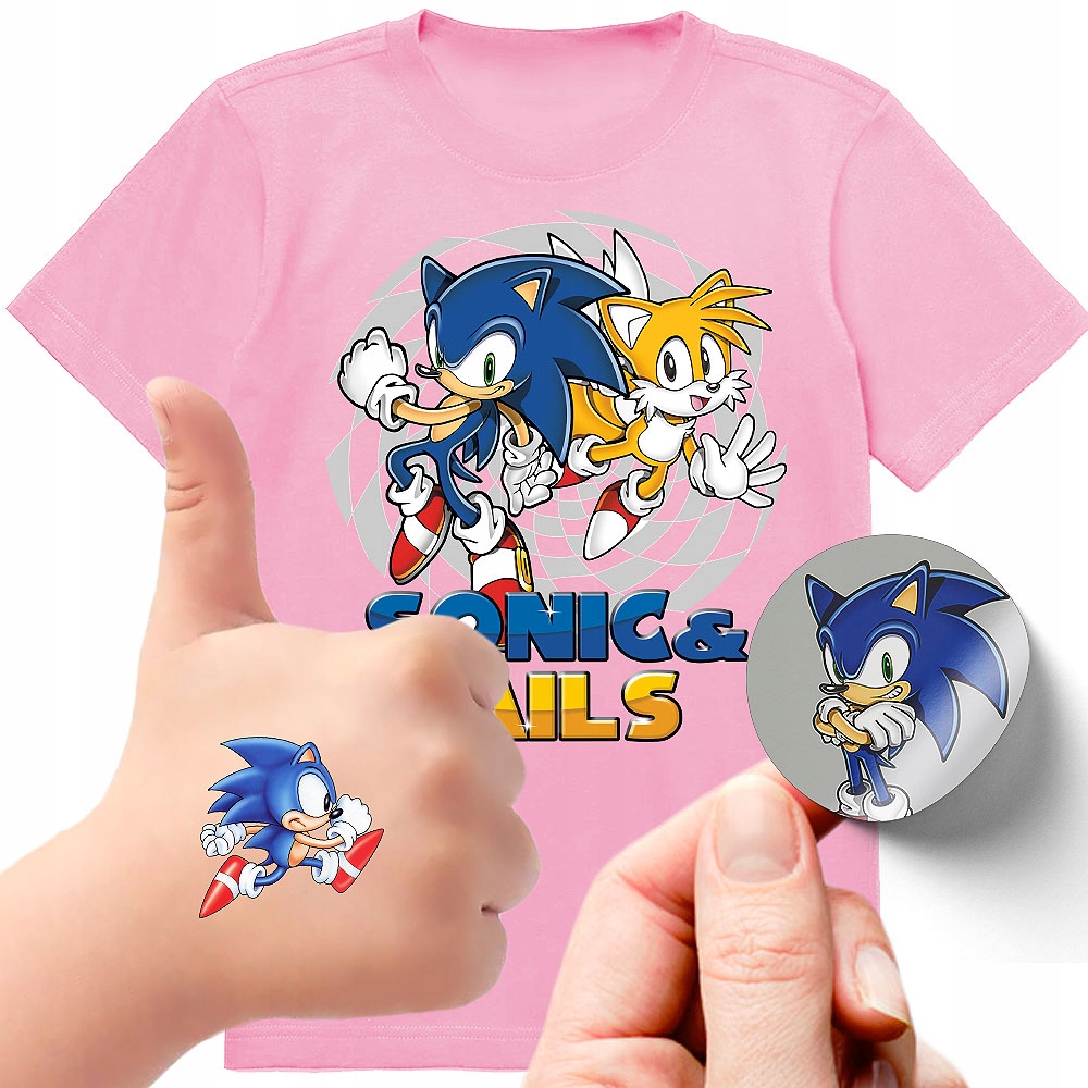 ZESTAW 3W1 KOSZULKA DLA DZIECI TATUAŻE NAKLEJKI SONIC 140 JAKOŚĆ