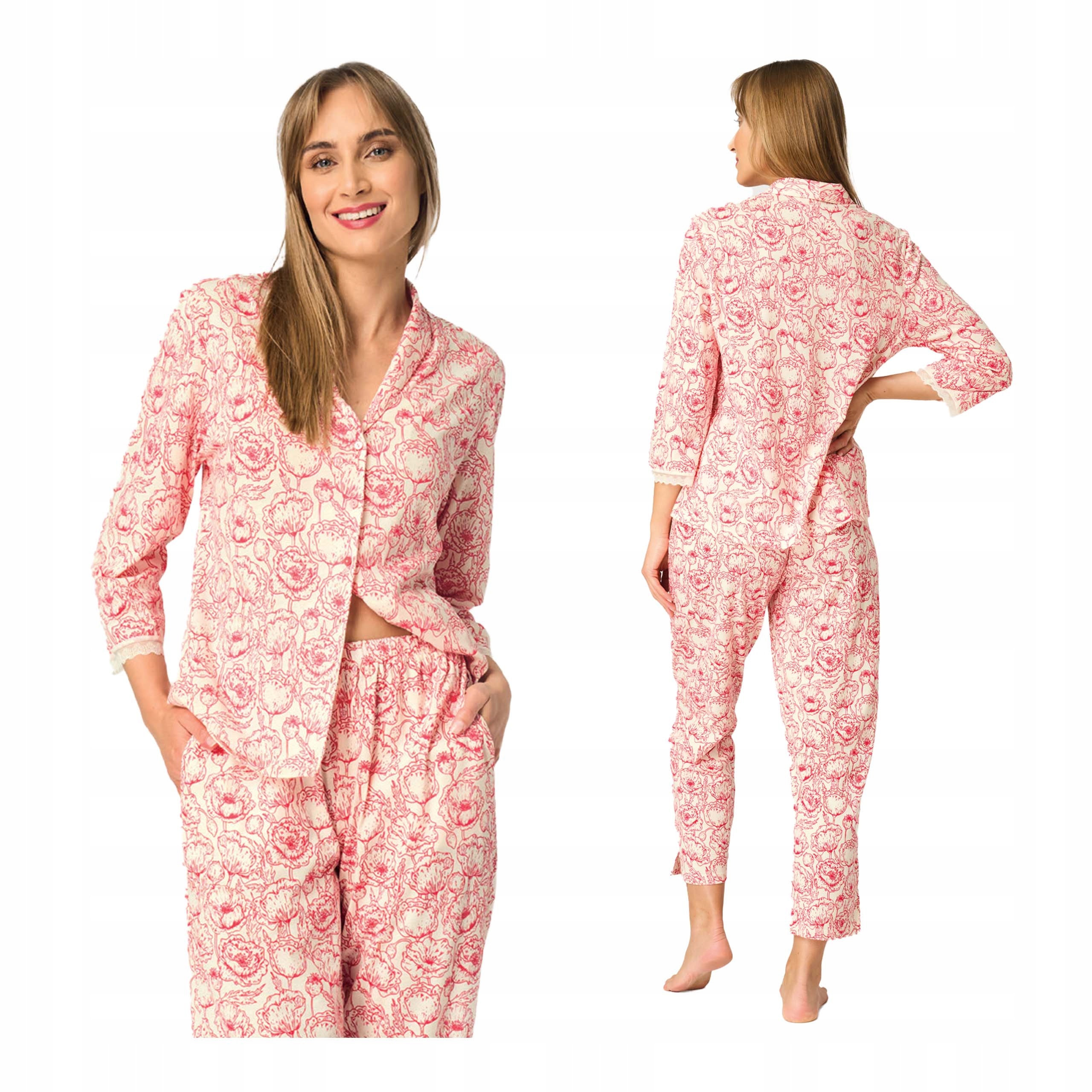 Dámské bavlněné rozepínací dvoudílné dlouhé pyžamo s XXL kalhotami Key