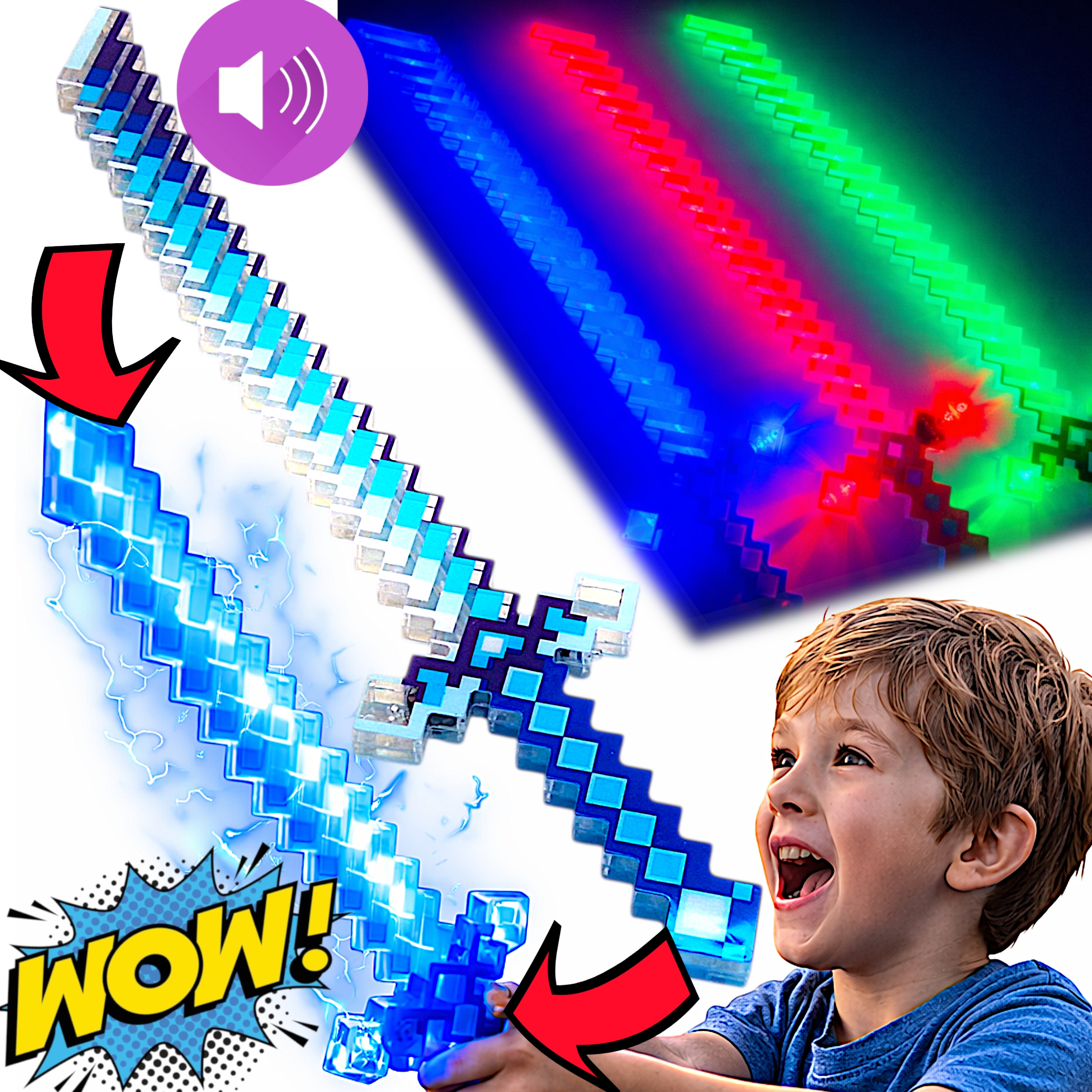 DUŻY MIECZ ŚWIETLNY MINECRAFT DIAMENTOWY ŚWIECĄCY Z DŹWIĘKIEM PIXEL 66 CM