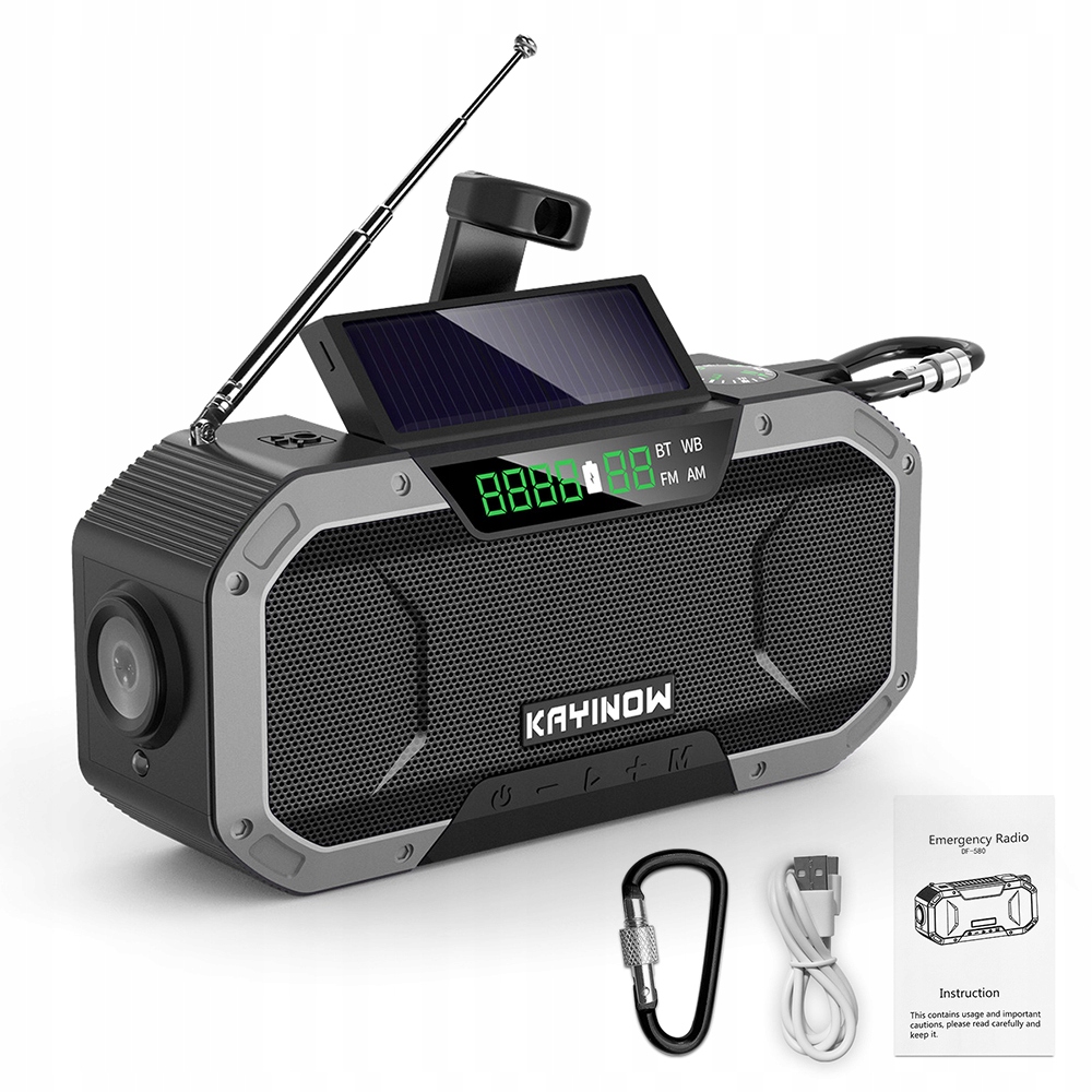 Radio awaryjne Am/fm z ładowaniem słonecznym i korbą – 5000 mAh