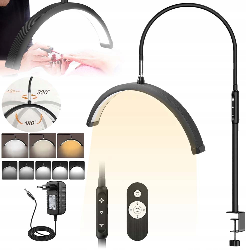 Led Dílenská Lampa Půlměsíc 20W 5 Úrovní Jasu S Svorkou A Dálkovým Ovládáním