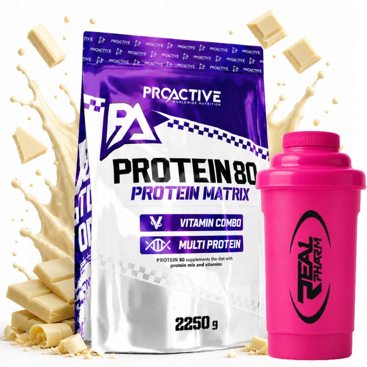 Bílkovina mix bílkovin ProActive Protein 80 2250 g Bílá Čokoláda Shaker