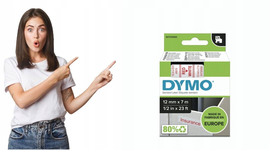 Taśma Dymo 12mm x 7m D1 biała (czerwony druk)