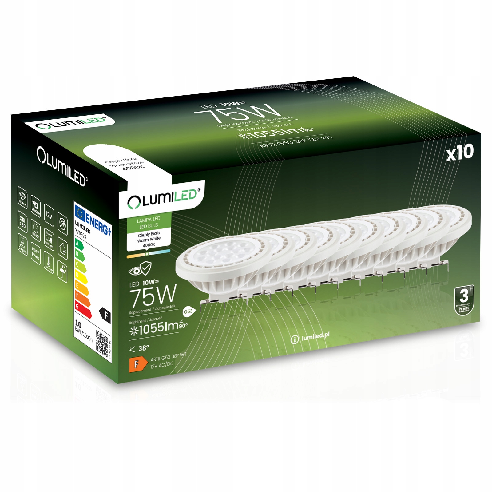 10x Led žiarovka G53 AR111 10W 75W 1055lm 4000K Neutrálna 38° 12V Lumiled