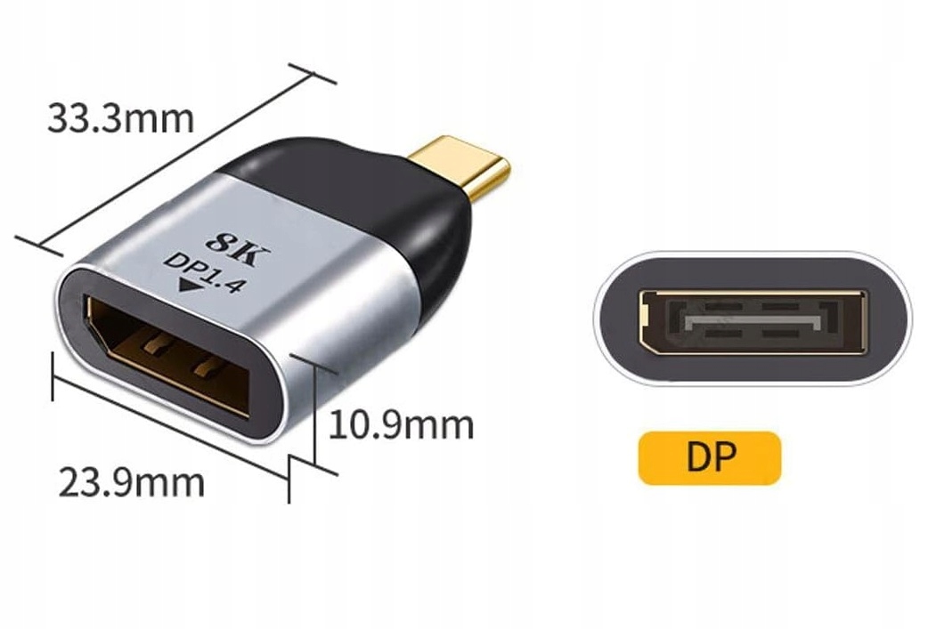 Adapter przejściówka USB-C do DisplayPort 1.4 8K 60Hz 4K 120Hz Długość kabla 0.03 m