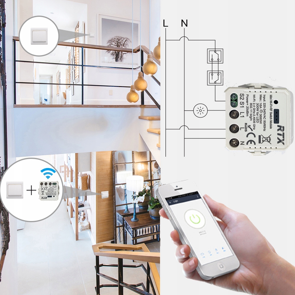 RTX Moduł TUYA WiFi Sterownik przekaźnik dopuszkowy 16A MINI Komunikacja WiFi