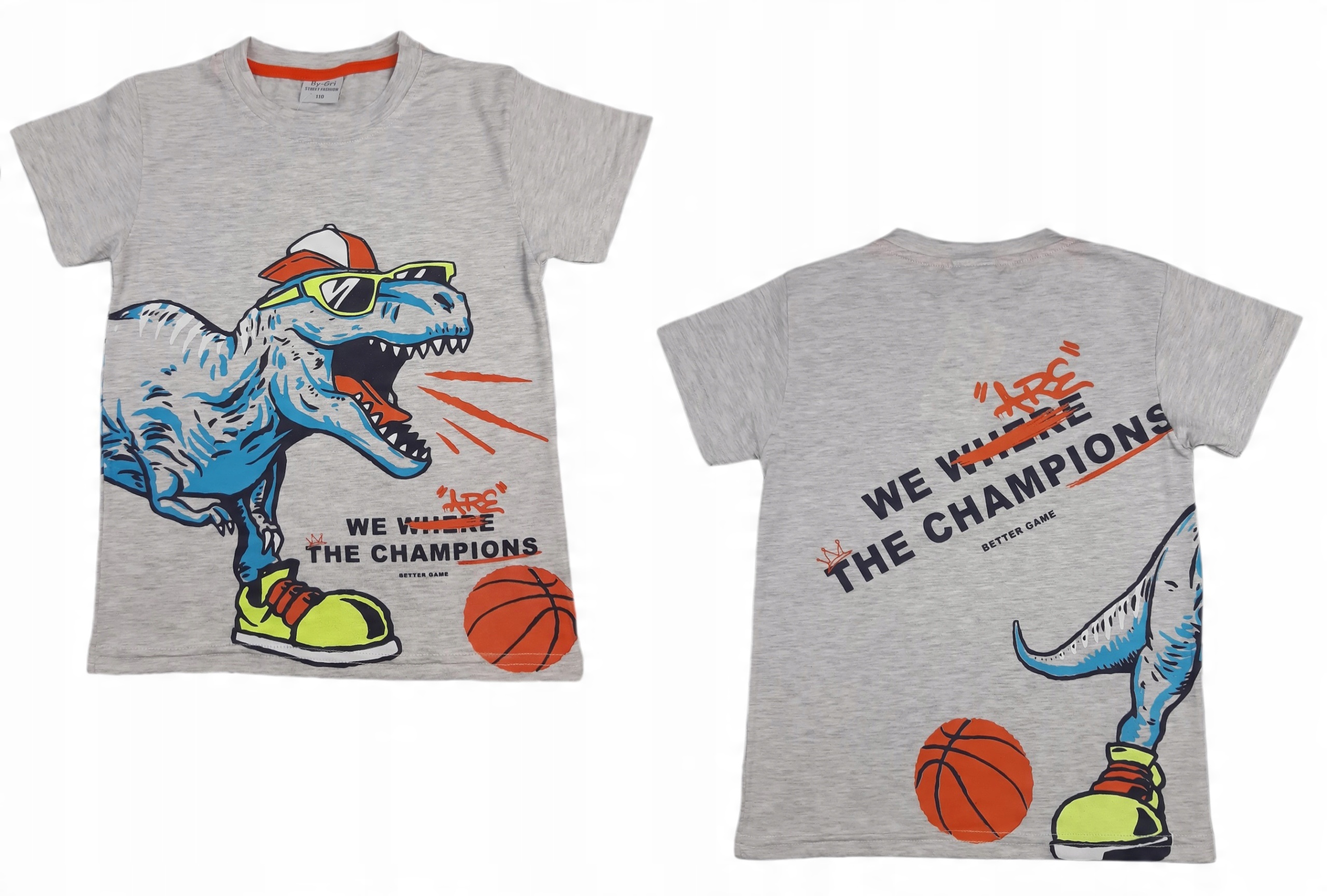 

By-Gri Szary T-shirt Kolorowy Dinozaur 122