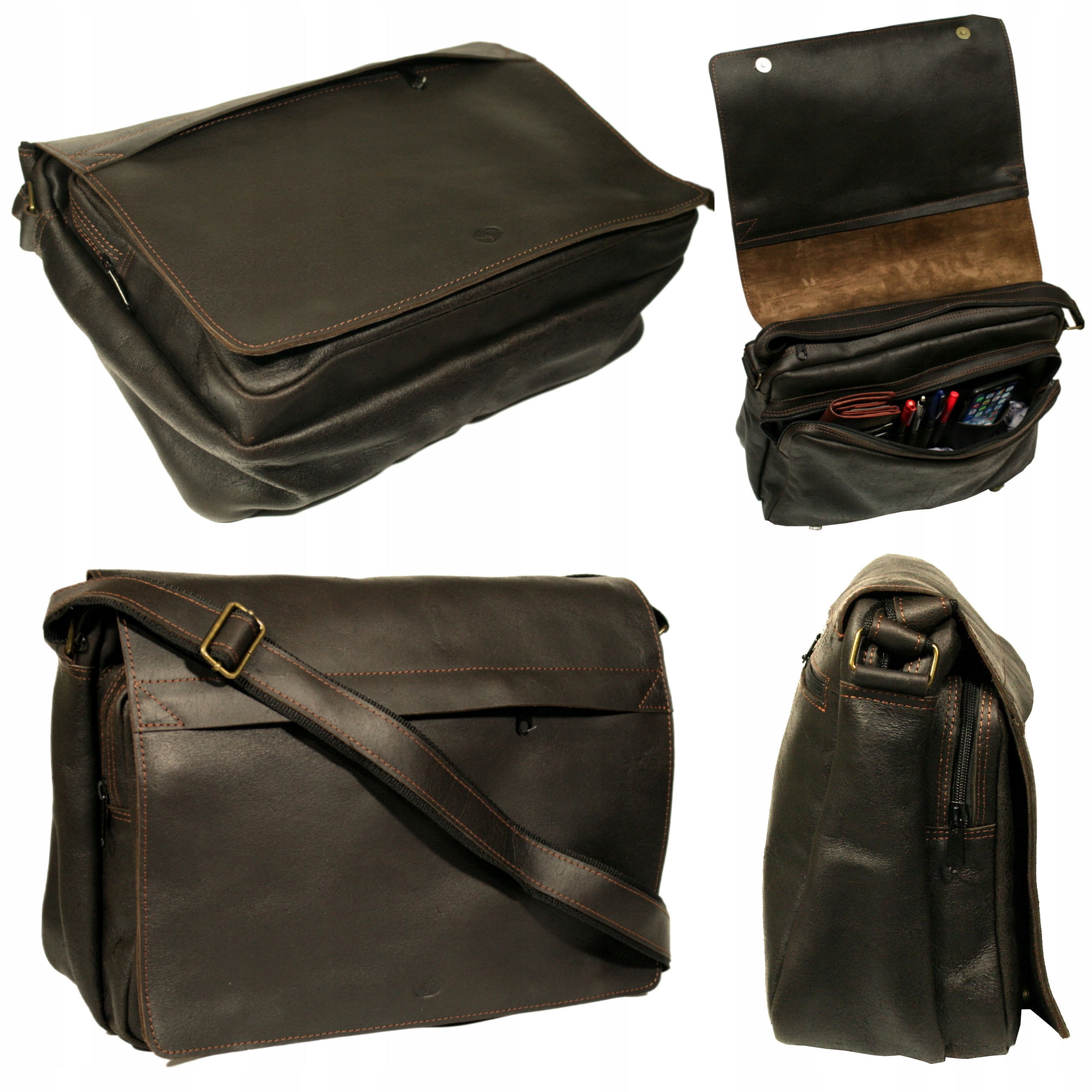 Kožená taška hnědá velká s přihrádkou na notebook 15 polská výroba A4