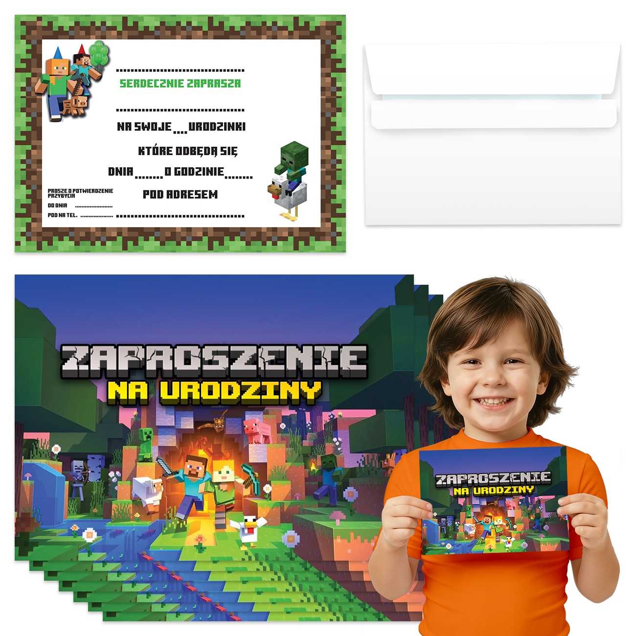 ZAPROSZENIA NA URODZINY DLA DZIECI MINECRAFT PIKSELE GAMINGOWE KOPERTA 8SZT