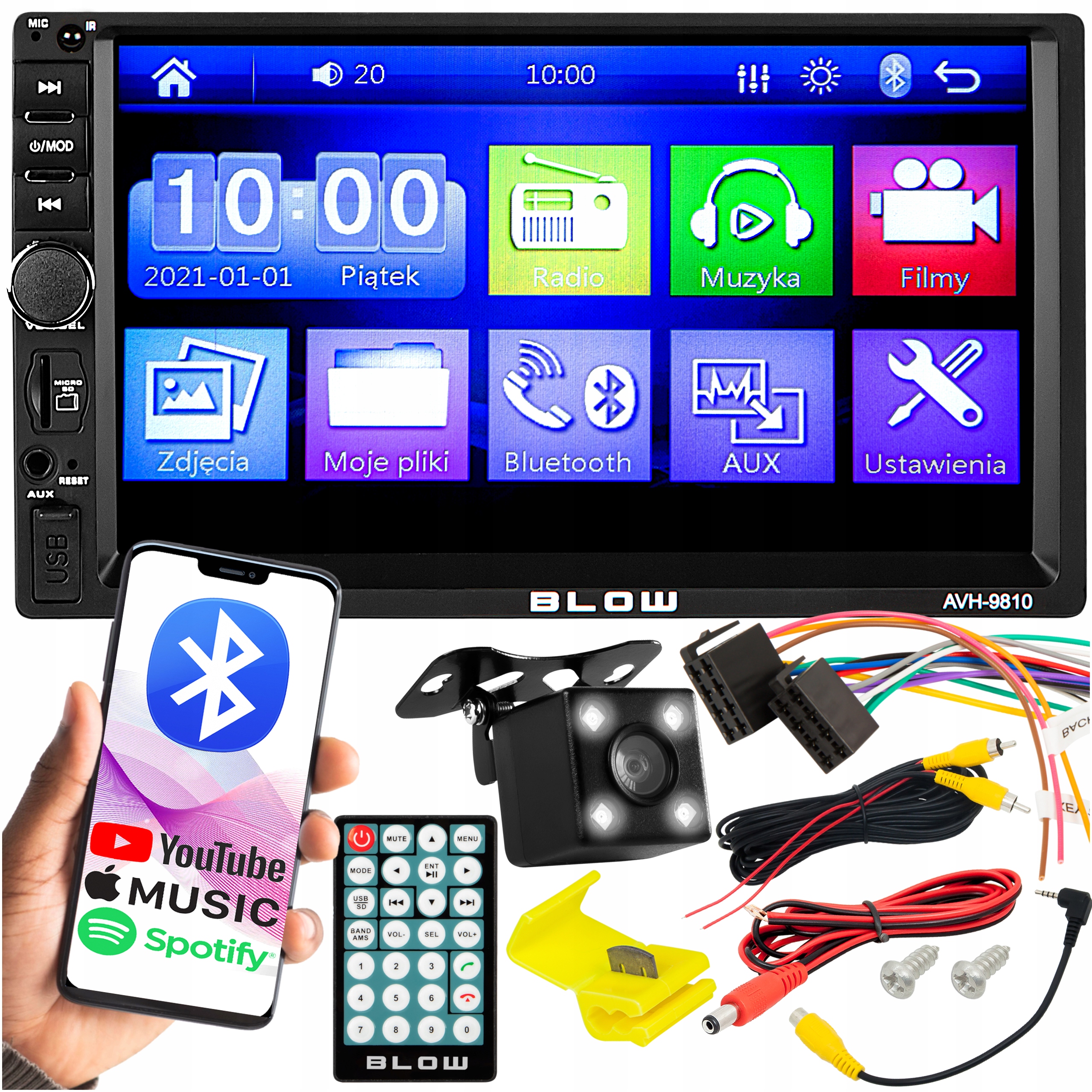 Radio Samochodowe Bluetooth 2 Din 7" Rds Usb Micro Sd 4x50W Kamera Cofania