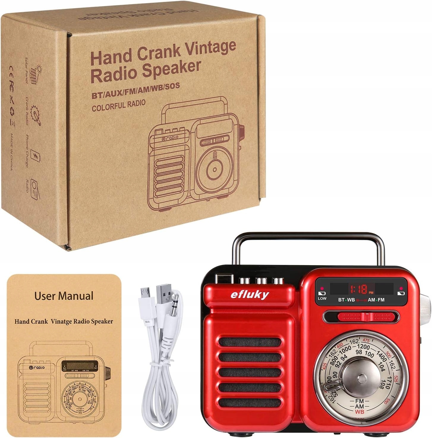 efluky Retro Radio Przenośne – Radio na Korbkę/Baterie z Wieloma Funkcjami Zasilanie baterie