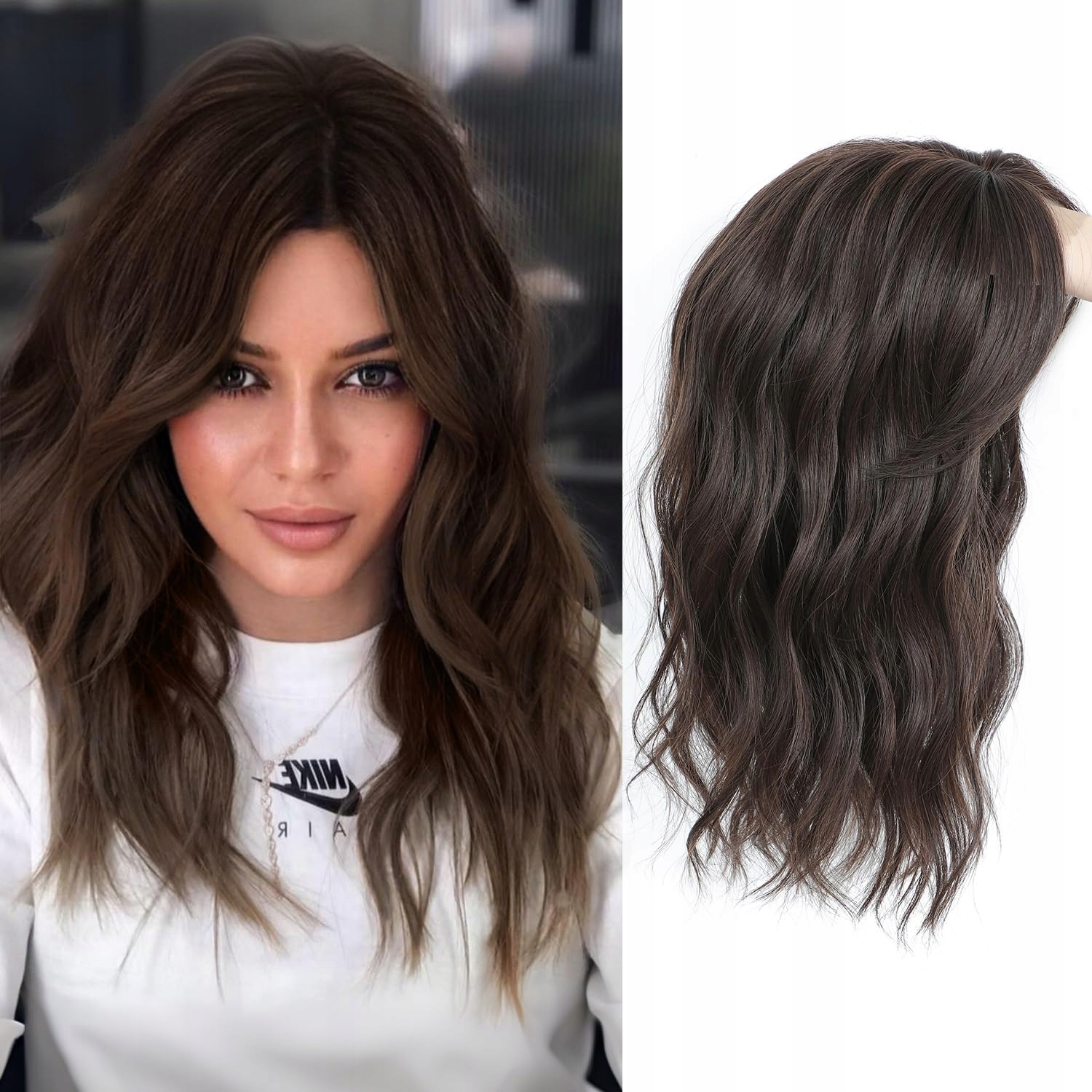 Paruka s ofinou Vlnitá Hnědá 40 cm Morichy Syntetická