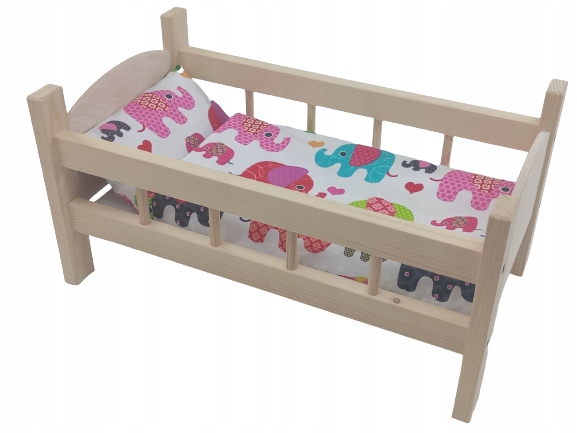 ŁÓŻECZKO DREWNIANE DUŻE dla lalek POŚCIEL 3 elementy