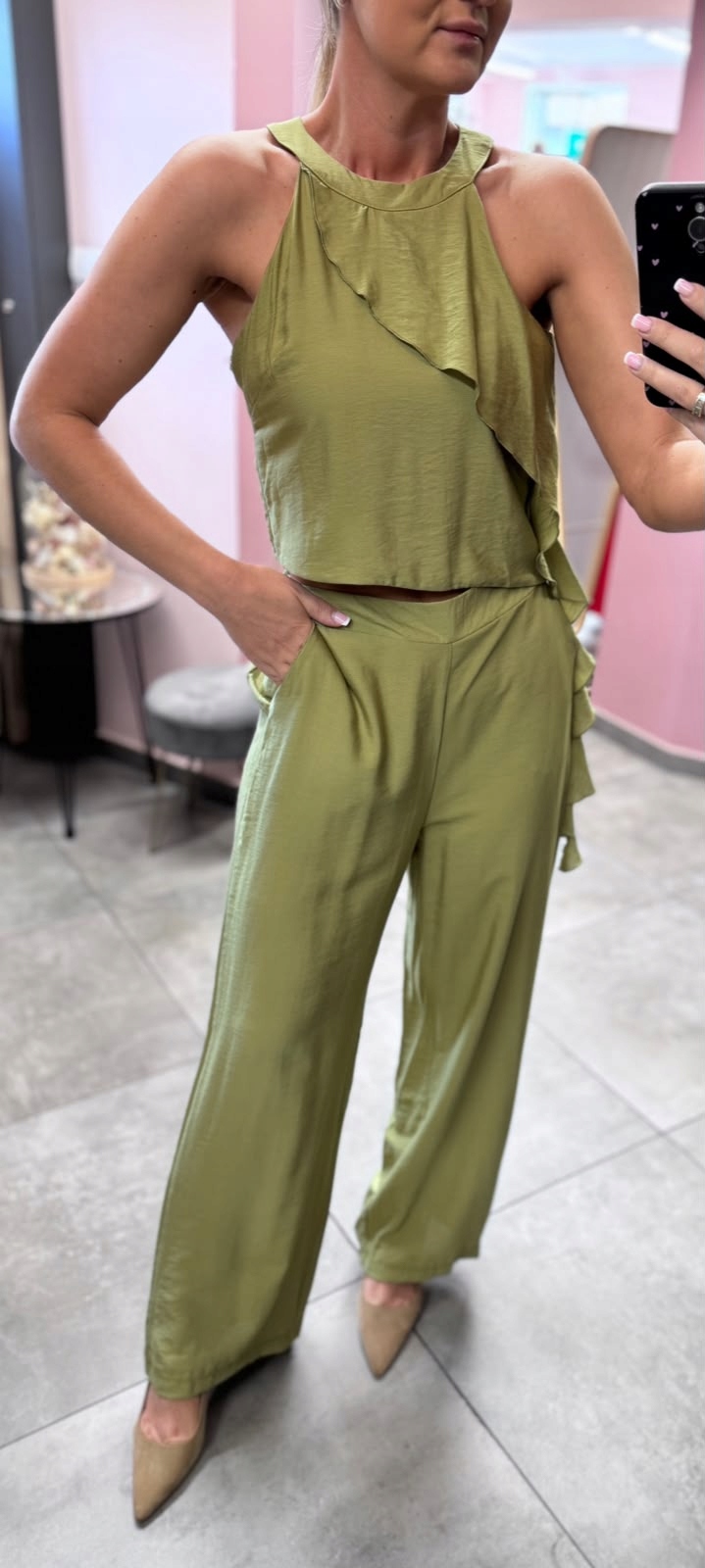 Dámský Elegantní Komplet, Viskóza, Halenka A Kalhoty, Olivová Barva, Velikost L/XL