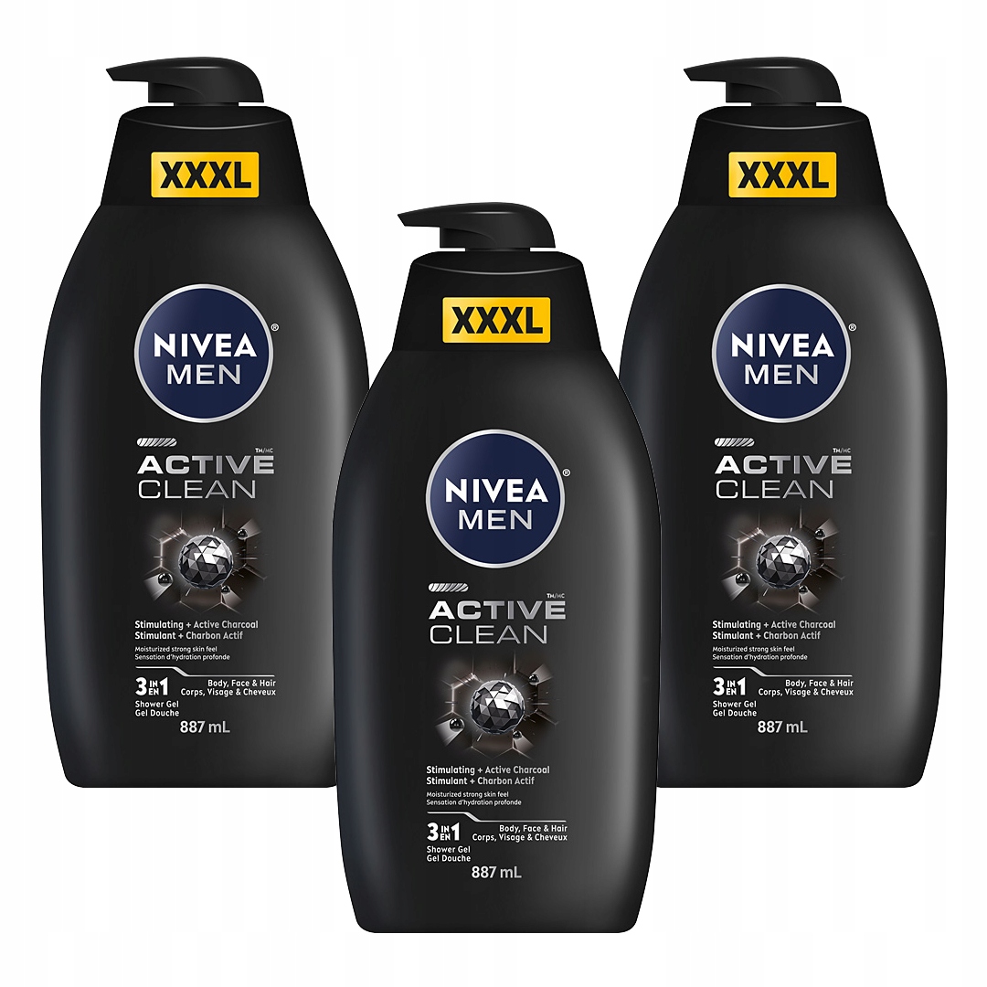Nivea Men Active Clean XXXL Męski Żel pod prysznic oczyszczający 887ml x3