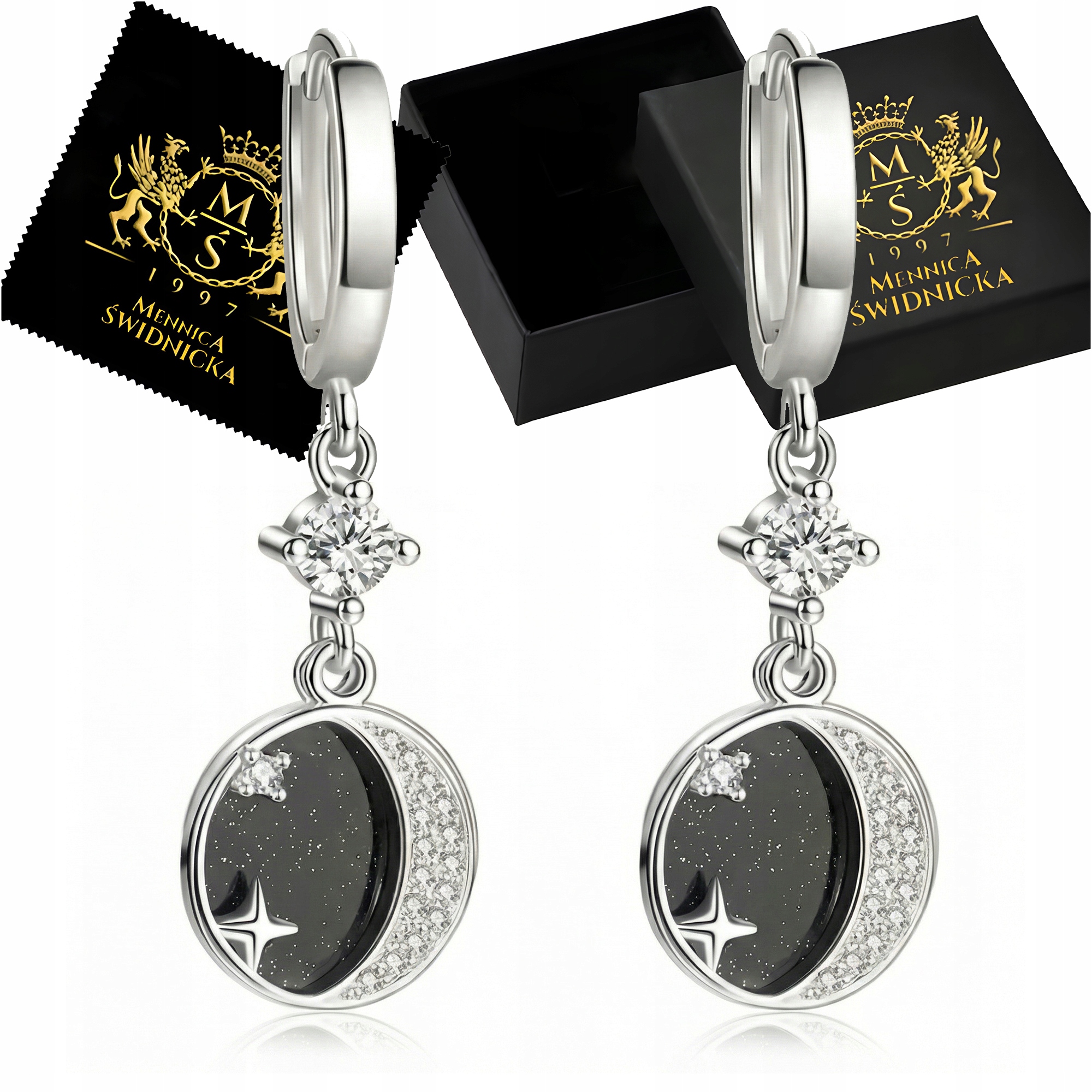 Kolczyki Srebrne 925 Noc Kairu Księżyc z Cyrkoniami Długie Wiszące Grawer