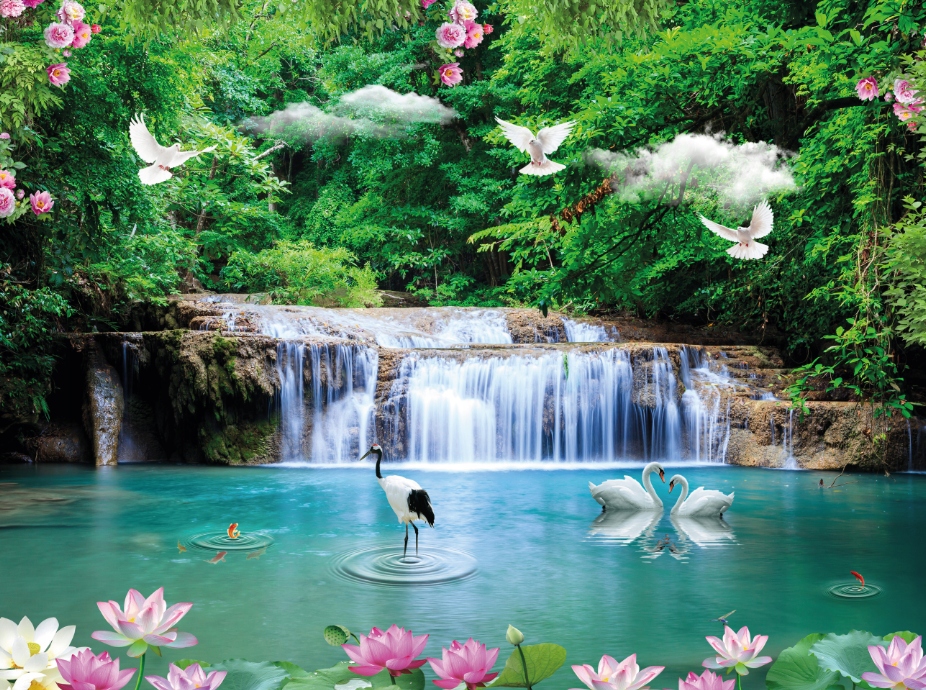 Fototapeta Ptáci a vodopád do obývacího pokoje 350 x 260 cm flizelina 230 g