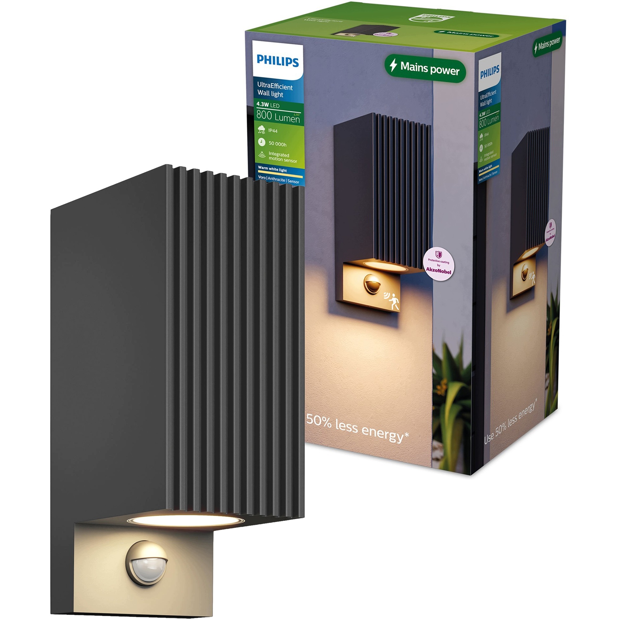 Venkovní nástěnné svítidlo Led Fasádní lampa Ryflovaná Senzor Voro Philips
