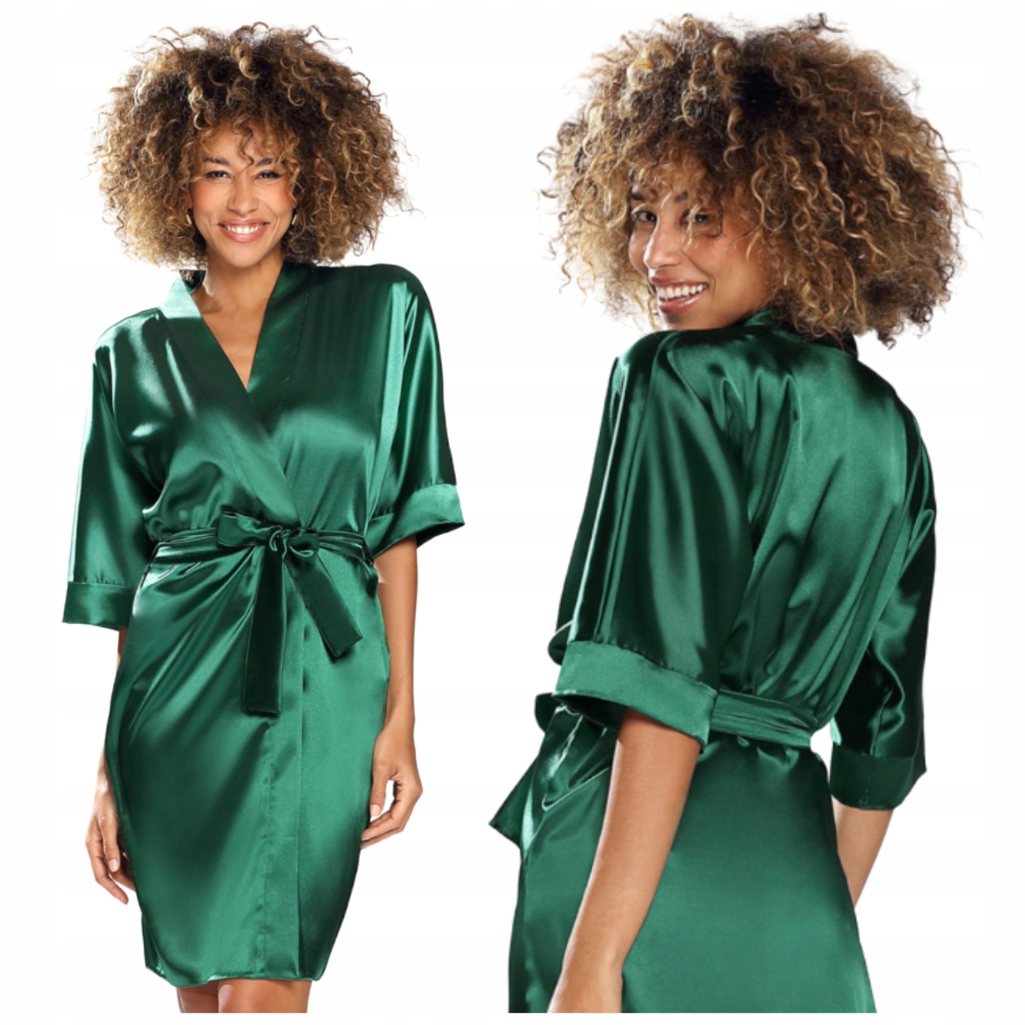 Dámský saténový župan Župan s vázáním v pase, dlouhý, zelený, XL