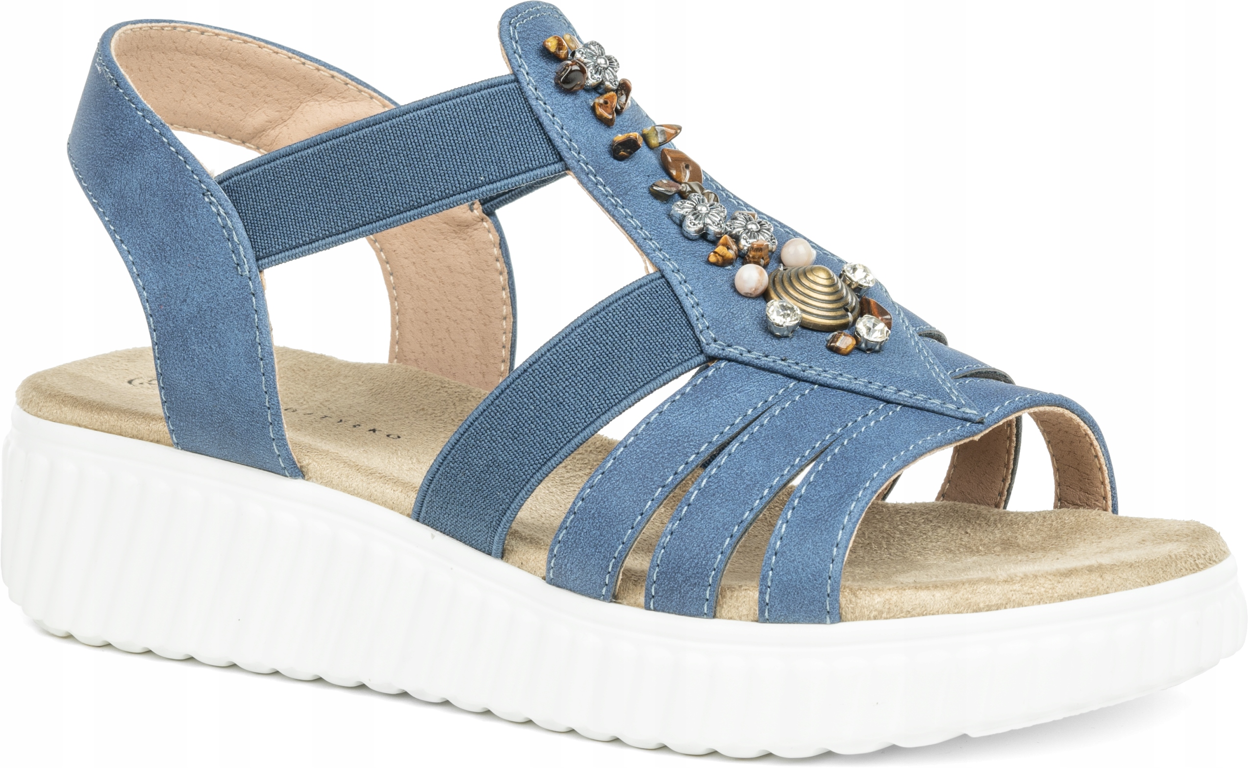 Dámské sandály na koturnu modré s elastickými gumami Wojtyłko 36