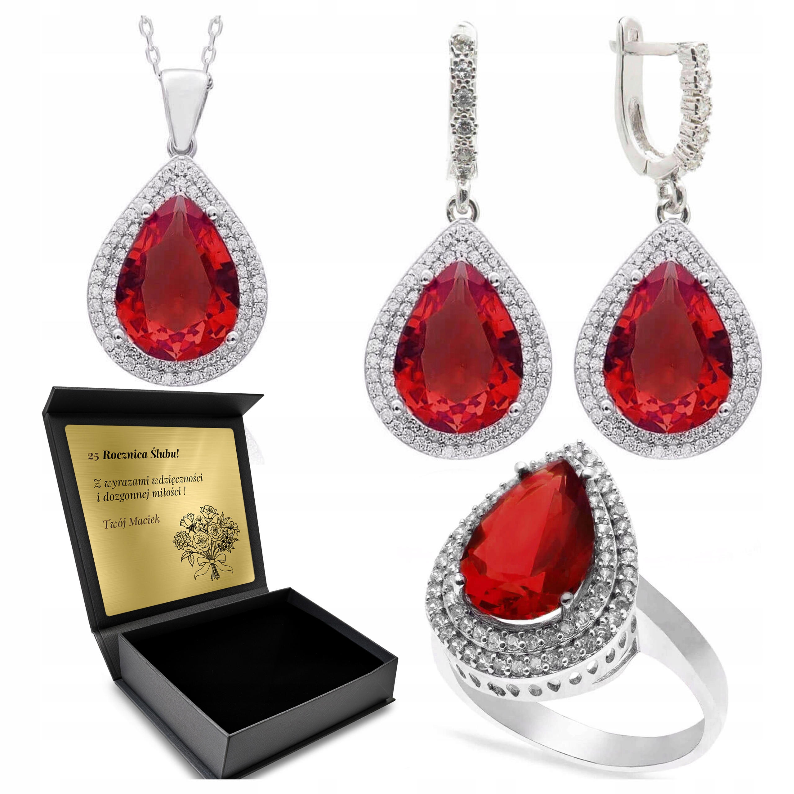 Komplet Stříbrných Šperků 925 Zirkony Granátový Dárek pro ženu Gravírování