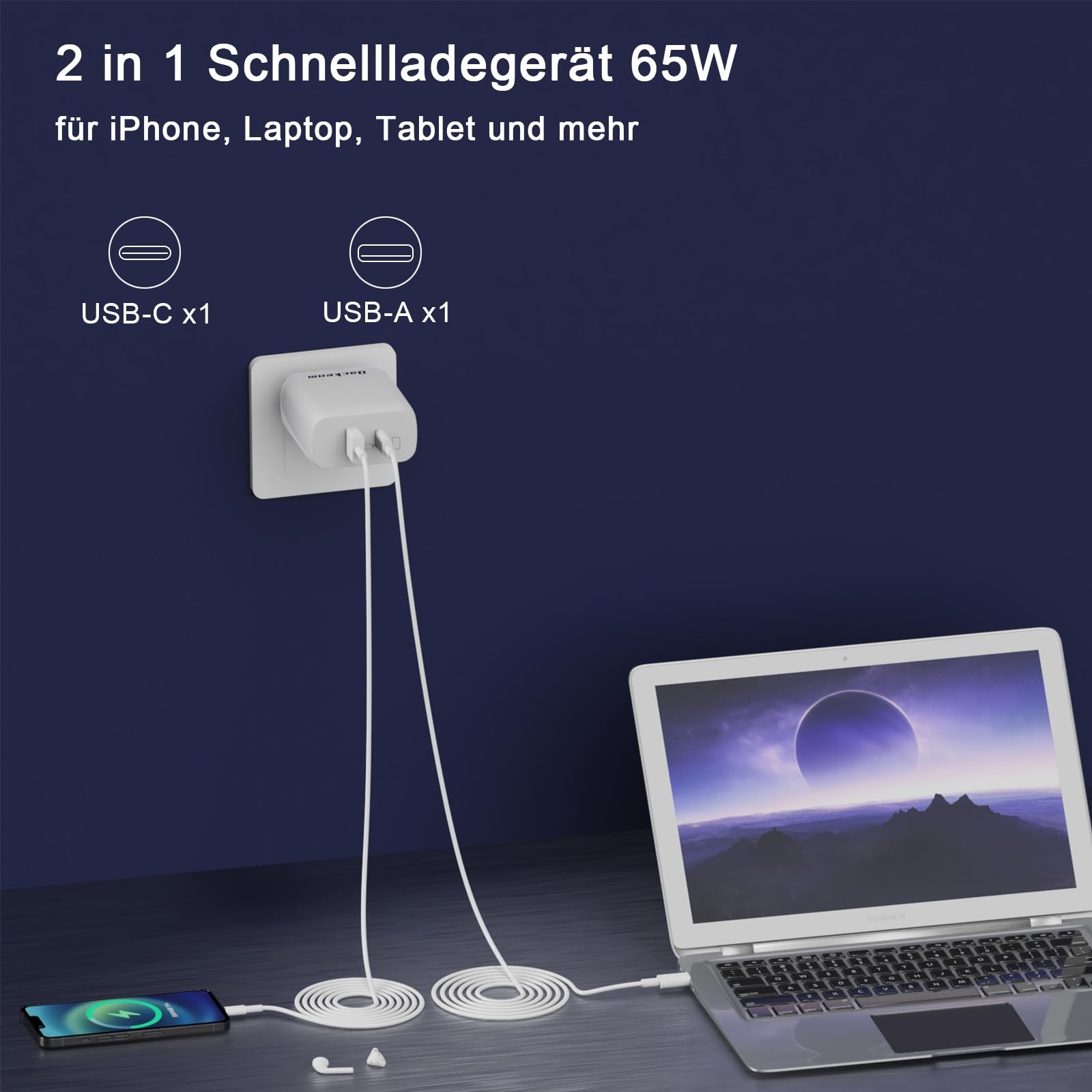 QACKENM Ładowarka USB C 65W GaN Szybkie Ładowanie 2-Porty Kabel 2M — miniatura 2