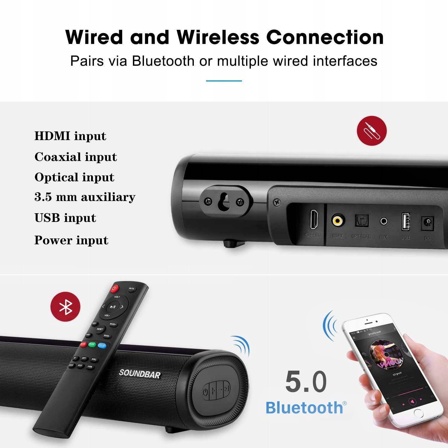 Bluetooth Kompaktowa Soundbar do TV PC z Pilotem 3 Tryby EQ — miniatura 9