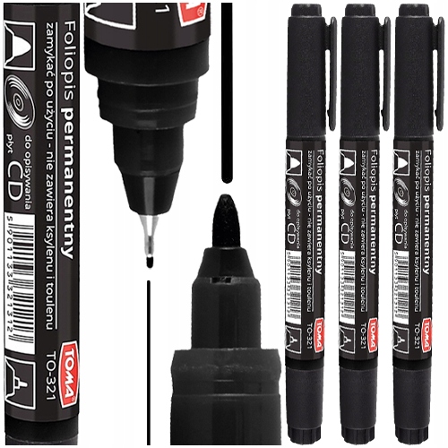 Marker Permamentny Do Płyt CD/DVD Dwustronny Czarny TO-321 Toma 3 szt.