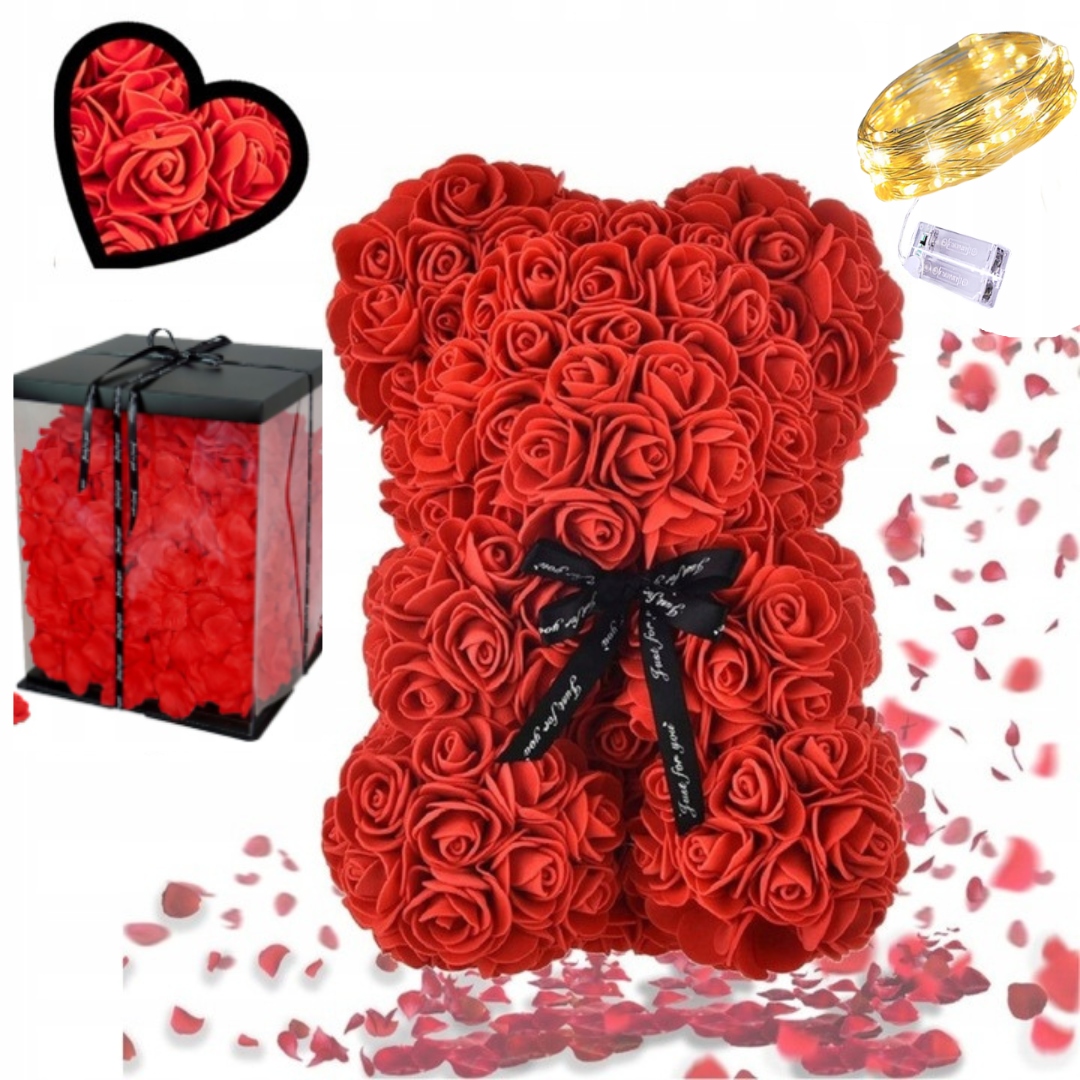 Valentýnský Medvídek Z Růží Premium Dárek Pro Manželku 25 CM Výplň Led Vločky