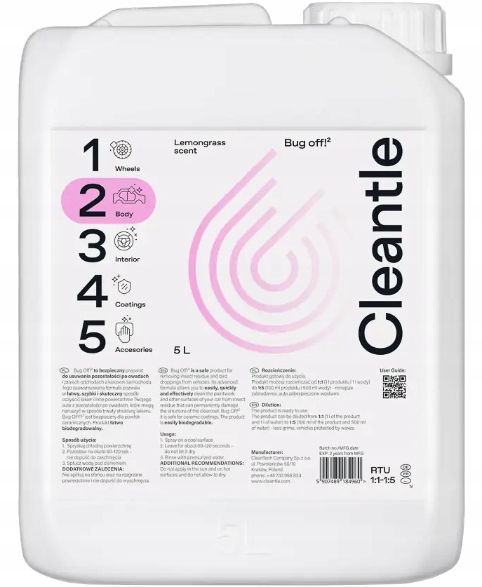 Cleantle Bug OFF Do Usuwania Owadów Z Auta 5L Producent Cleantle