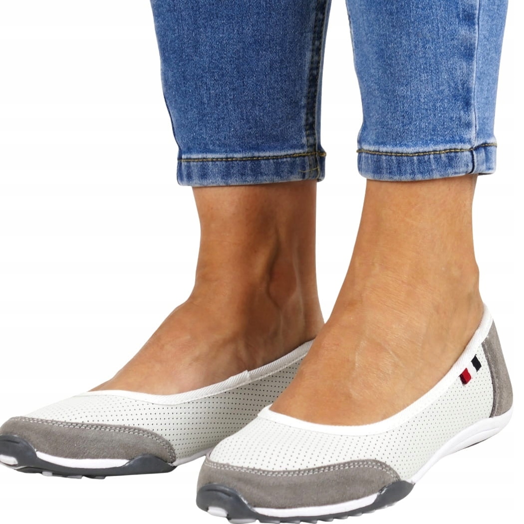 Kožené baleríny Bílo Šedé Polobotky Dámské Nazouvací Lehké Boty 38