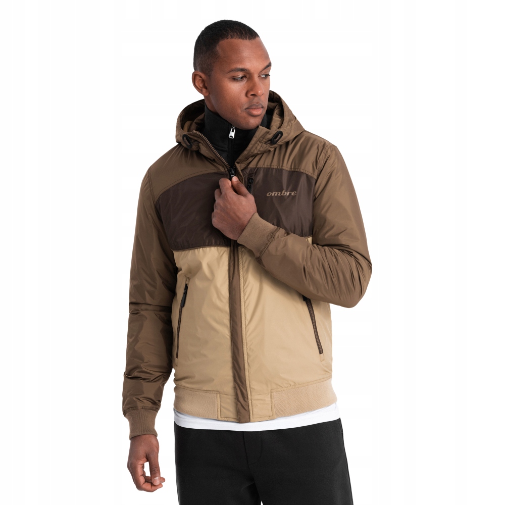 Lehká pánská sportovní fleecová bunda béžovo-tmavě hnědá OM-JANP-0194 V19 XXL