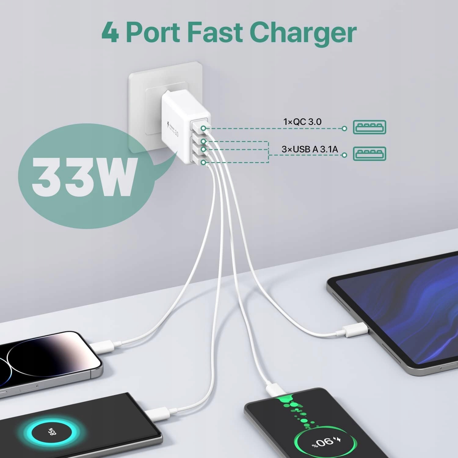 USB 4-PORTOWA ŁADOWARKA 33W QC 30 DO IPHONE 12-16 GALAXY S21-24 — miniatura 2