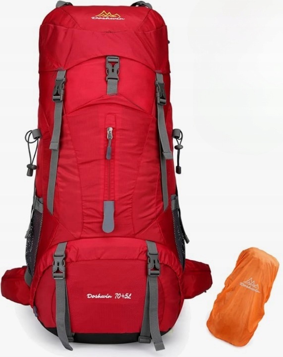 Plecak Trekkingowy Doshwin 70+5L Lekki Turystyczny Czerwony Pokrowiec