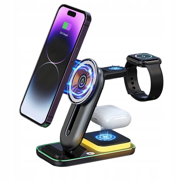 Bezprzewodowa Indukcyjna Stacja Ładująca 4w1 Smartfon Zegarek Słuchawki