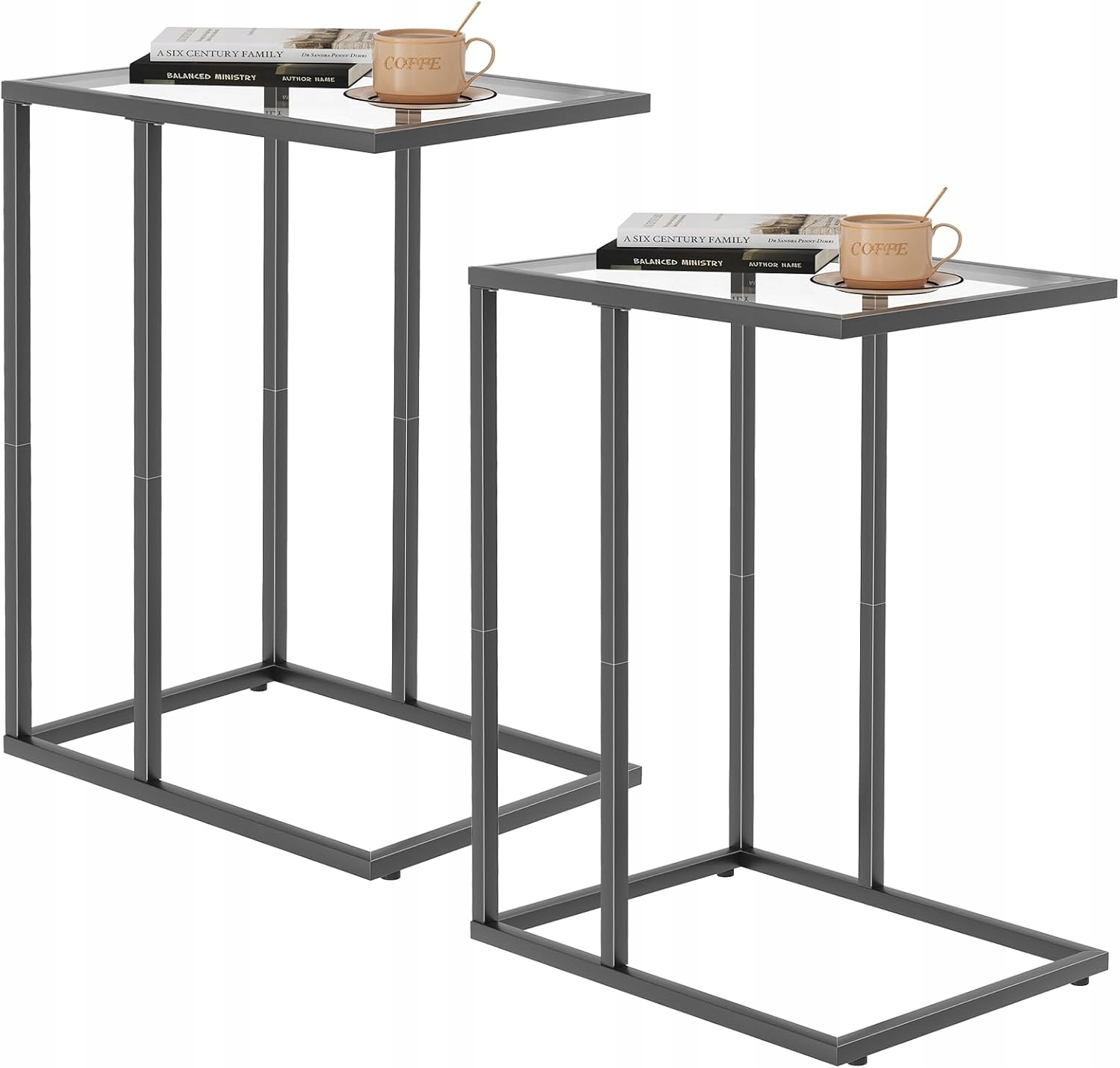 Kávový stolek ve tvaru písmene C, skleněný, stolek pod notebook, 2 kusy