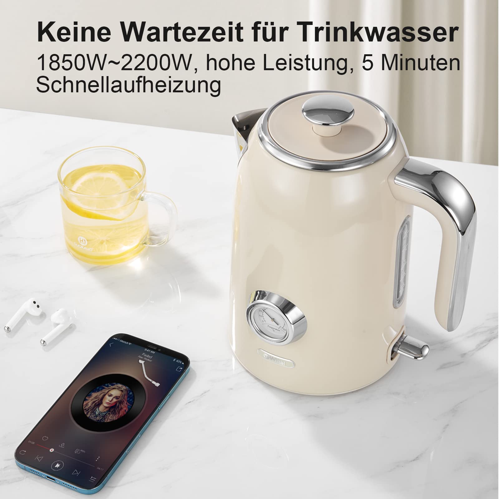 WILTAL Zestaw Retro Czajnik 1,7L 2200W Kremowy Stalowy Z Termometrem — miniatura 9