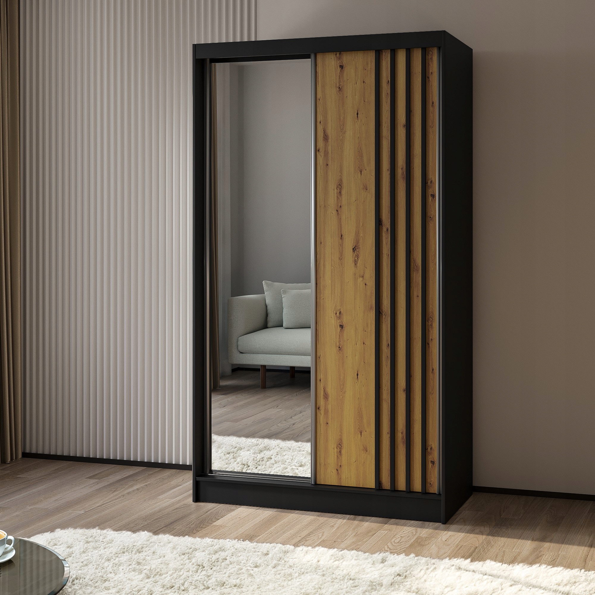 Skříň dvoudveřová Nelvia 120 cm Skříň se zrcadlem Posuvná černá