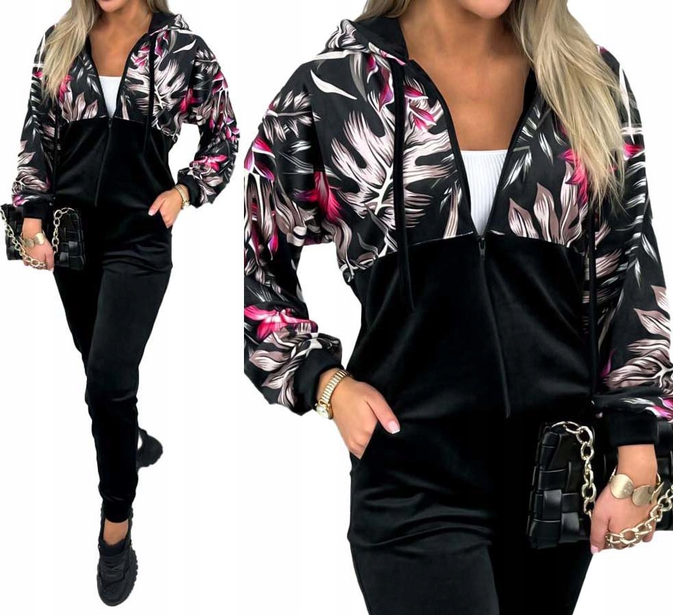 Dres damski Welurowy Komplet Dresowy Bluza rozpinana z kapturem