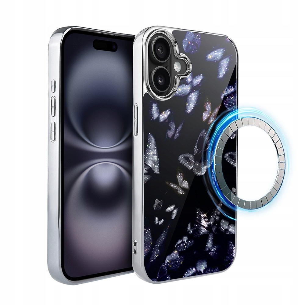 Etui iPhone 16 Ibizu Elite Glass z MagSafe, Nocne motyle, srebrne