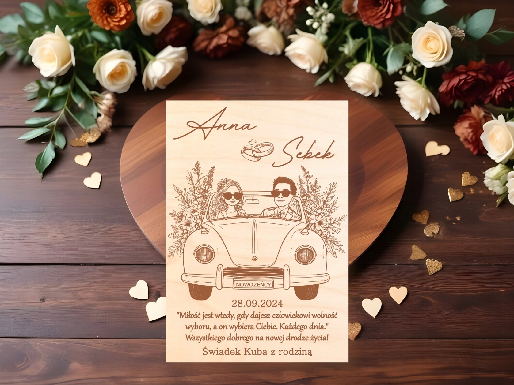 DREWNIANA TABLICZKA PAMIĄTKA KARTKA ŚLUBNA PREZENT DLA PARY MŁODEJ GRAWER Kolor dominujący beże i brązy