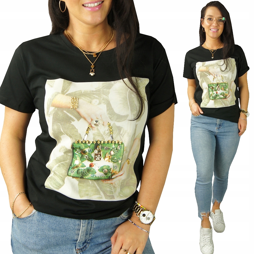 

Bluzka T-shirt Print Z Dżetami Bawełniana Wzory #M