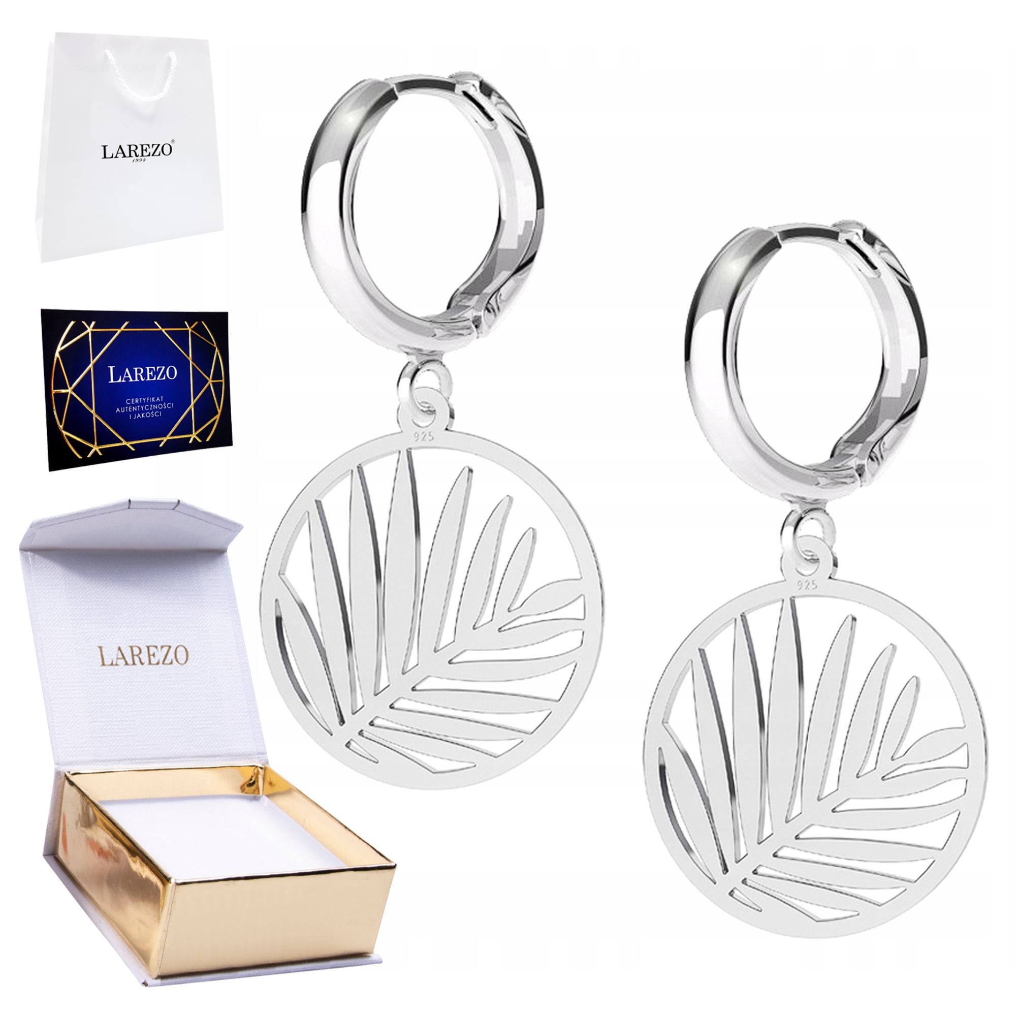 Krásné Stříbrné Náušnice 925 Velké listy palmy s listy Listy