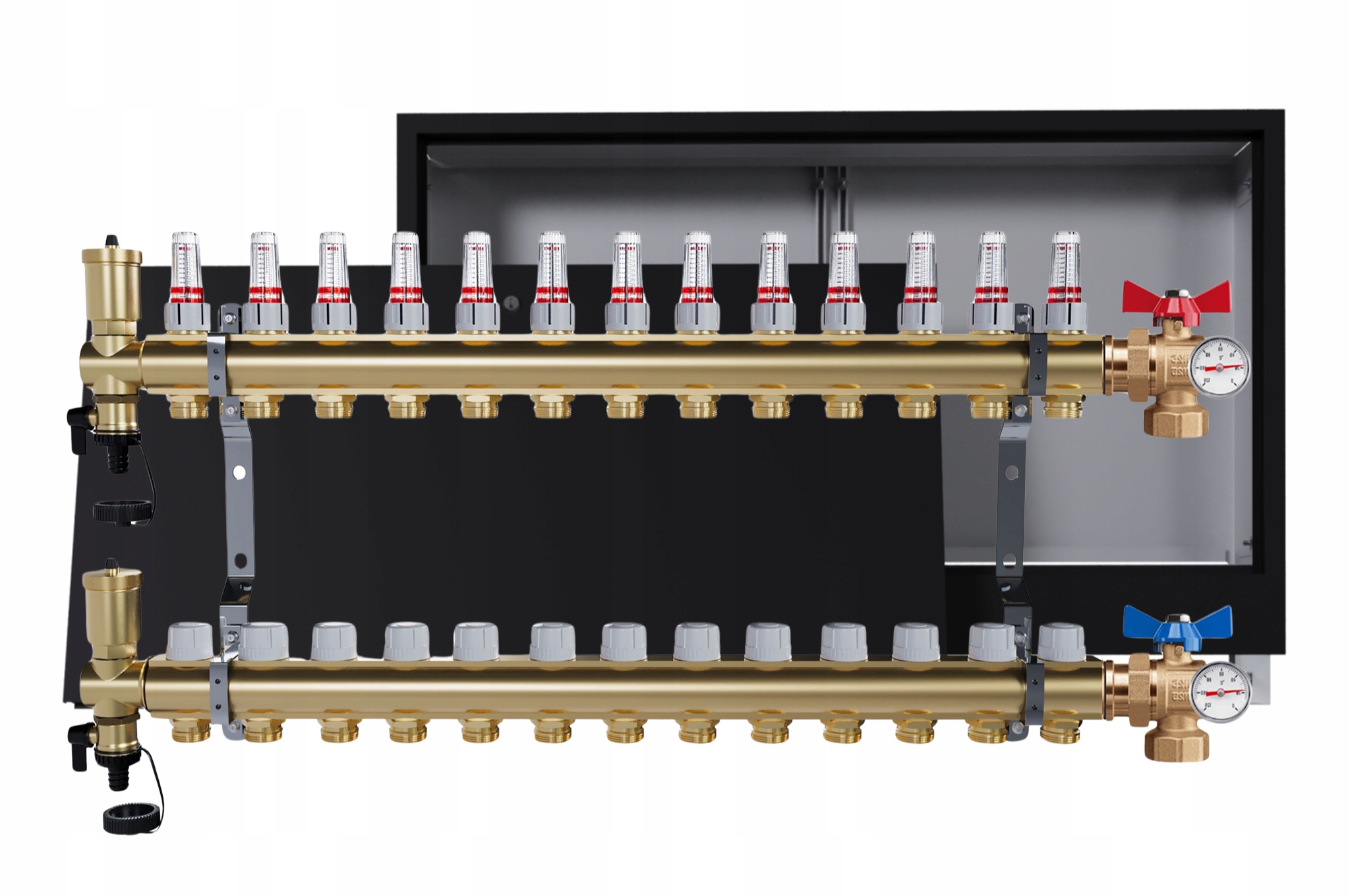 Rozdělovač Pro Podlahovku 13 Okruhů S Podomítkovou Skříní, Černý Ventily